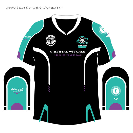 ウォームアップTシャツ(半袖ピステ) ブラック(ミントグリーン×パープル×ホワイト)