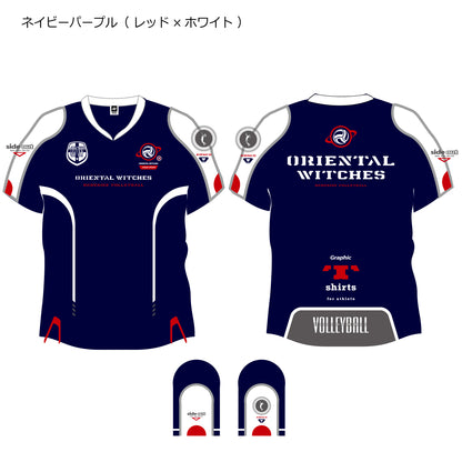 ウォームアップTシャツ（半袖ピステ） ネイビー（レッド×ダークグレー×ホワイト）