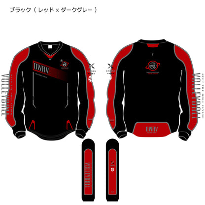 ウォームアップロングスリーブTシャツ（長袖ピステ） ブラック（レッド×ダークグレー）