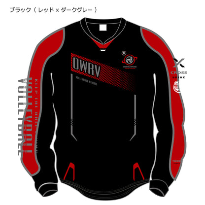 ウォームアップロングスリーブTシャツ（長袖ピステ） ブラック（レッド×ダークグレー）